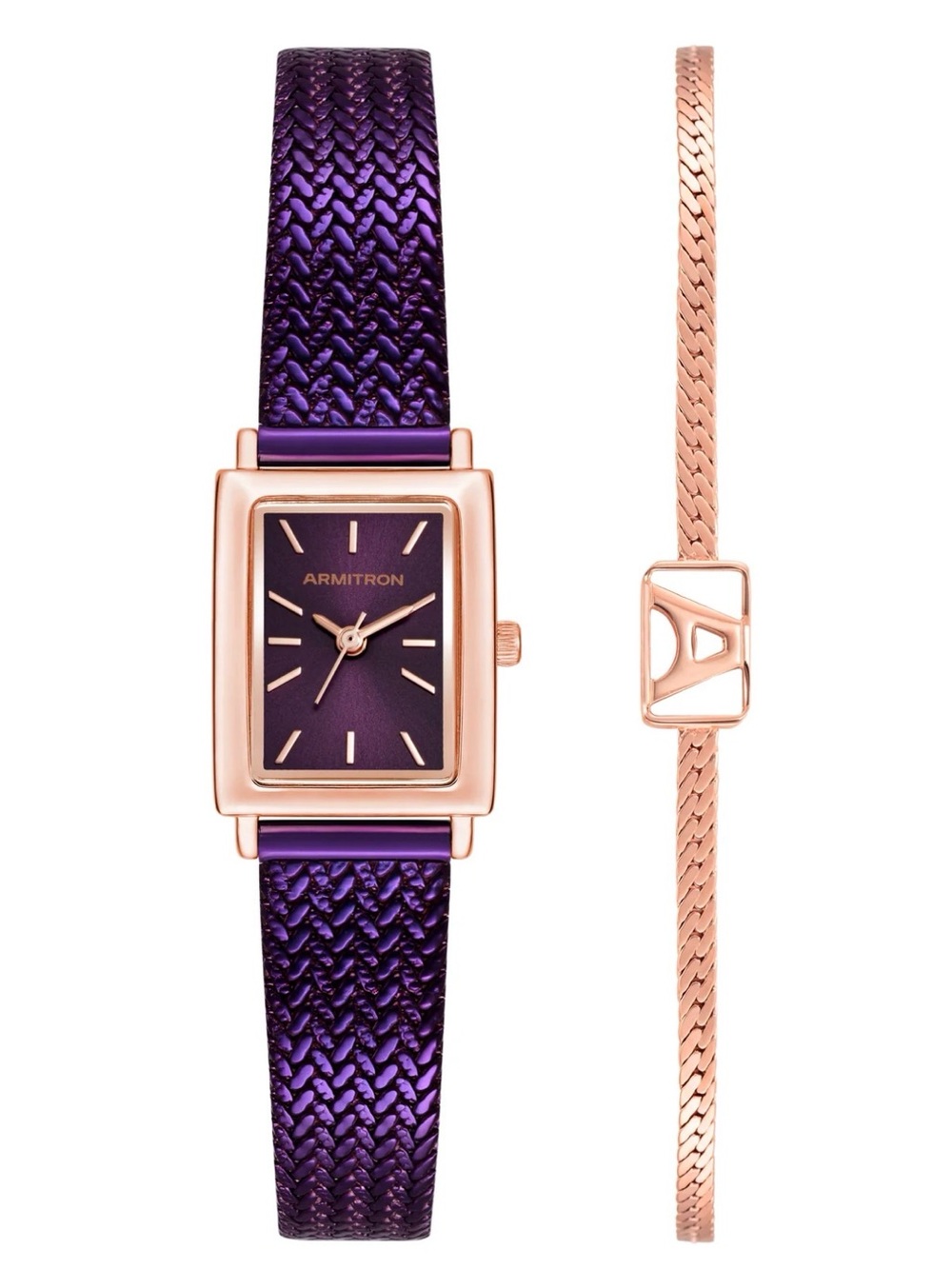 Armitron Purple Dial and Rose Gold-Tone Rectangular Watch Set